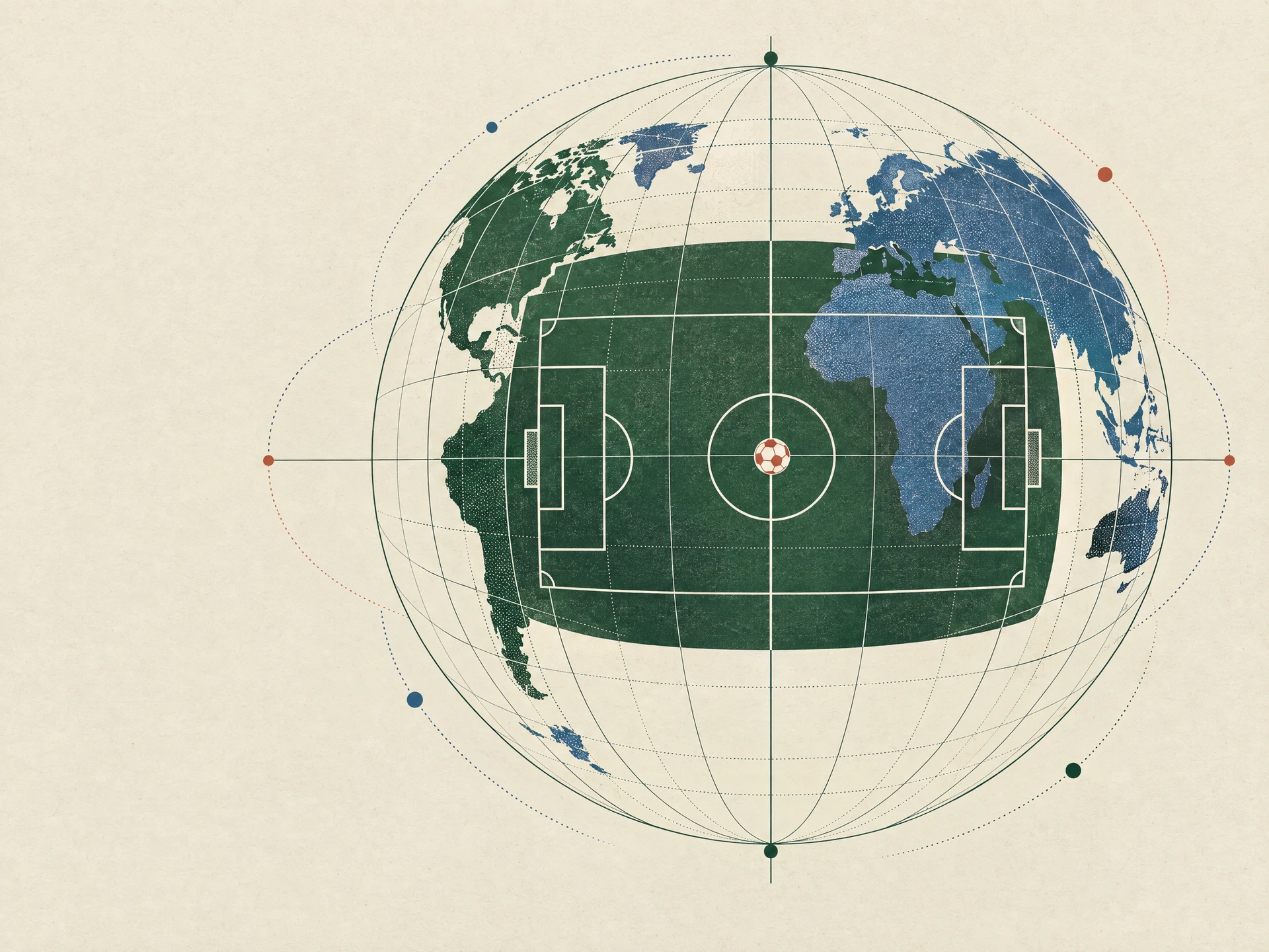Abstract engraved football pitch merging with globe meridians on warm archival paper